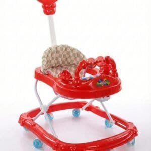 Baby walker with red frame, blue wheels, and a padded seat for infants.
