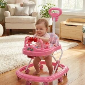 Baby walker with push handle in pink for toddlers' mobility and fun.
